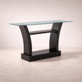 Juego de comedor Tulip de 6 piezas con mesa de madera y cubierta de cristal en acabado nogal, estilo moderno y elegante.