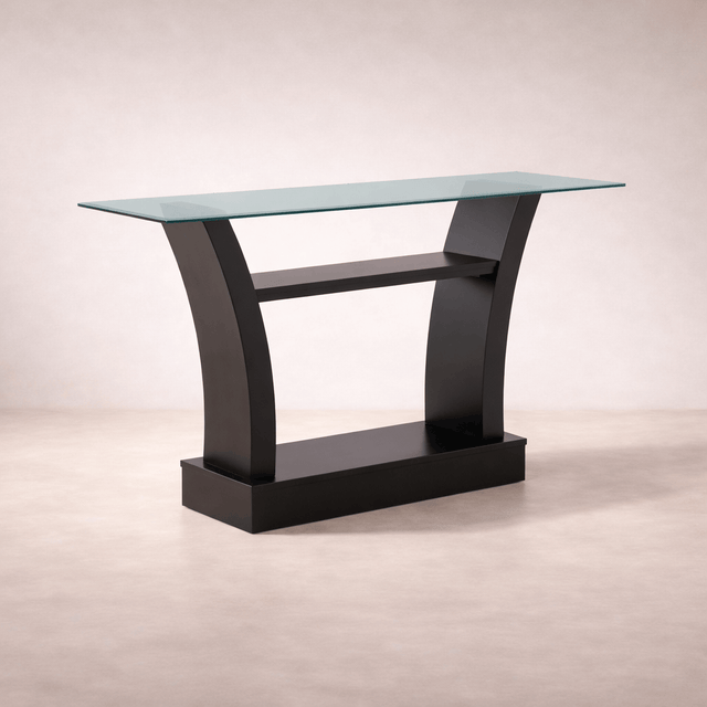 Juego de comedor Tulip de 6 piezas con mesa de madera y cubierta de cristal en acabado nogal, estilo moderno y elegante.