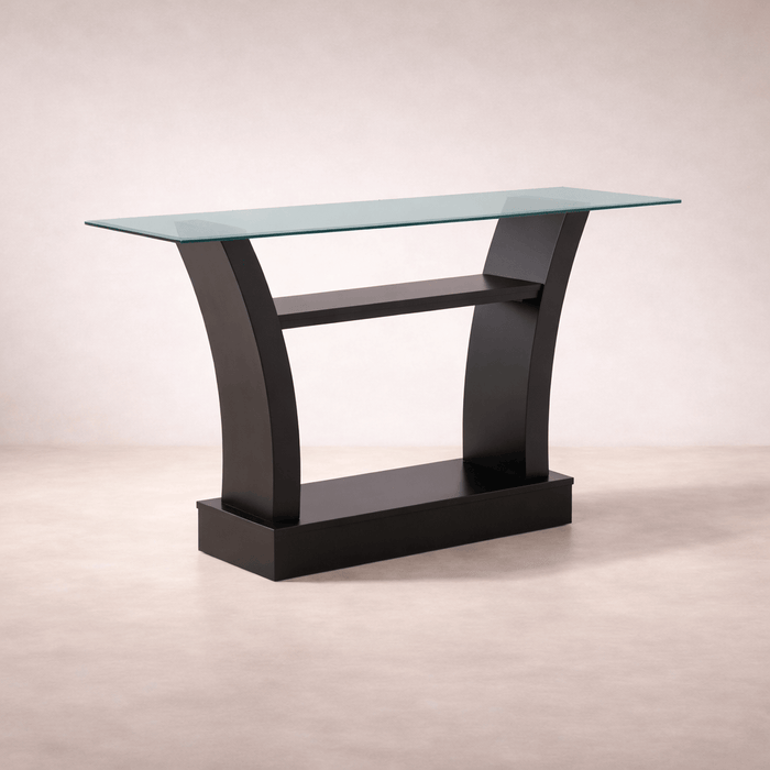 Juego de comedor Tulip de 6 piezas con mesa de madera y cubierta de cristal en acabado nogal, estilo moderno y elegante.