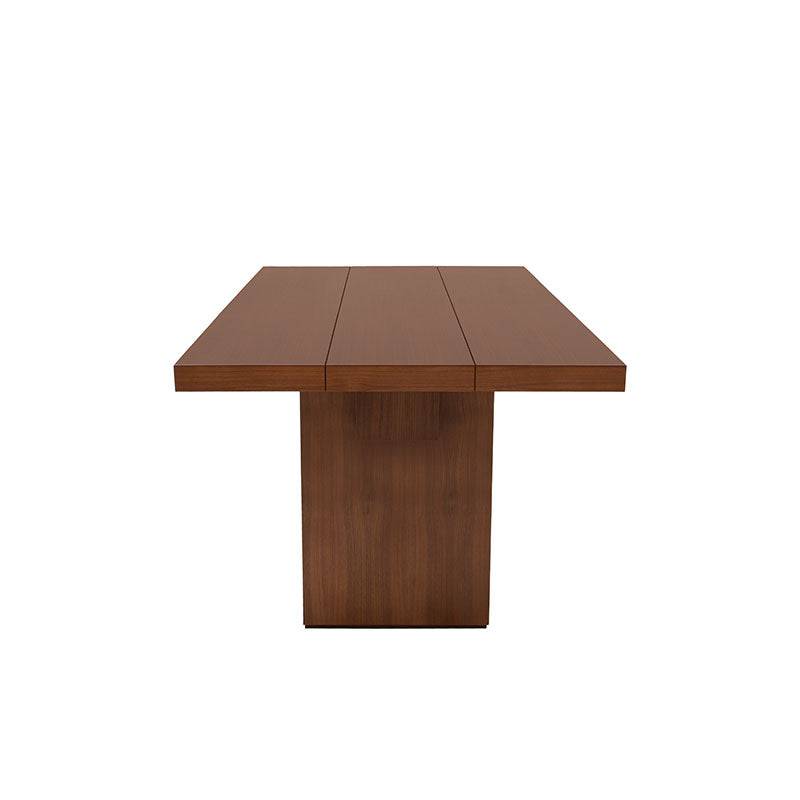 Juego de comedor Quetzal de 7 piezas en madera nogal, con mesa industrial y sillas modernas, frente y vista lateral.