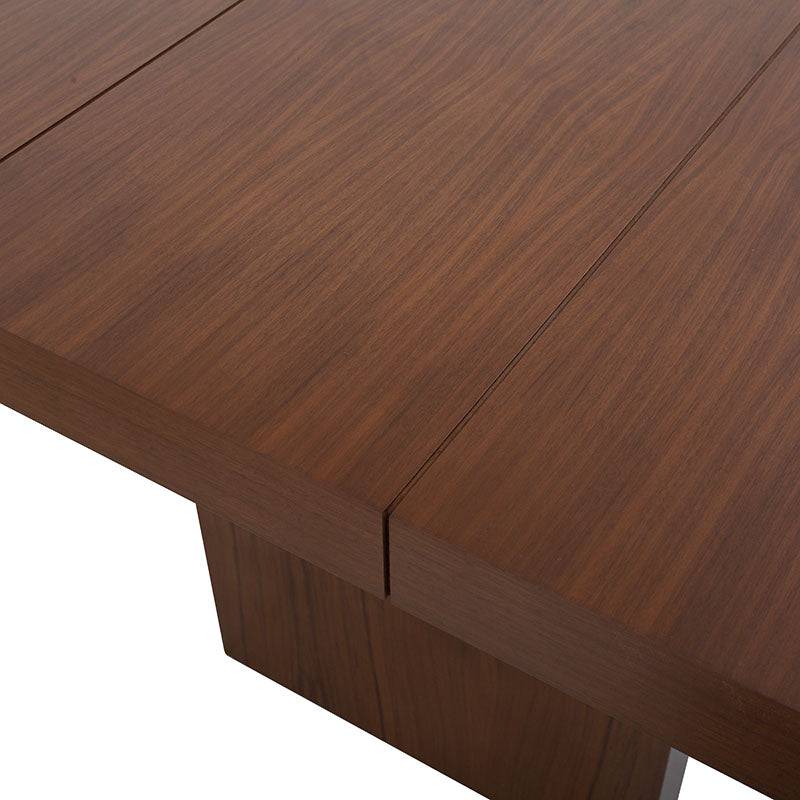 Juego de comedor Quetzal de madera industrializada en nogal con 7 piezas, incluyendo mesa y sillas en estilo moderno.