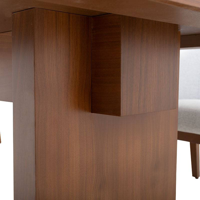 Juego de comedor Quetzal de 7 piezas en madera nogal con acabado industrial, incluye mesa de 200 cm de largo y sillas.