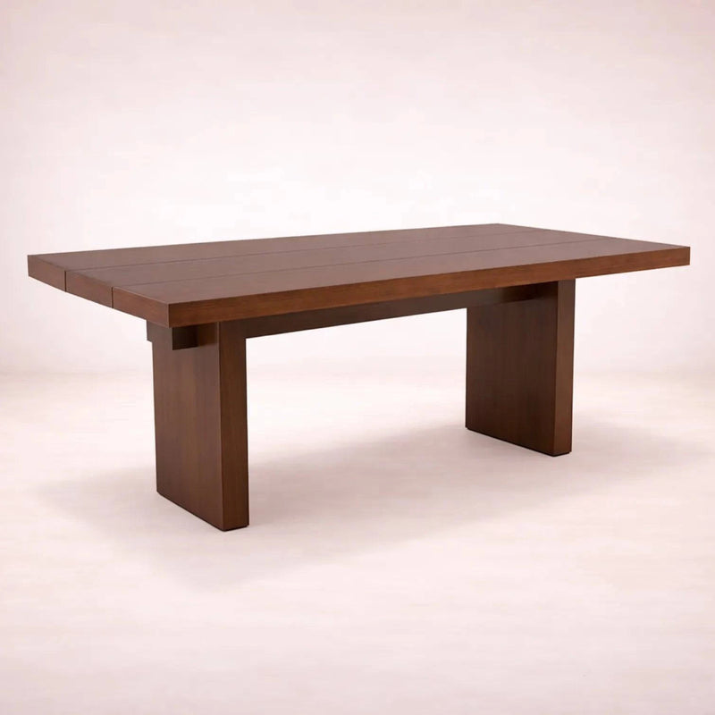 Juego de comedor Quetzal de 7 piezas en madera nogal y industrial, con mesa de 200 cm de largo y sillas a juego.