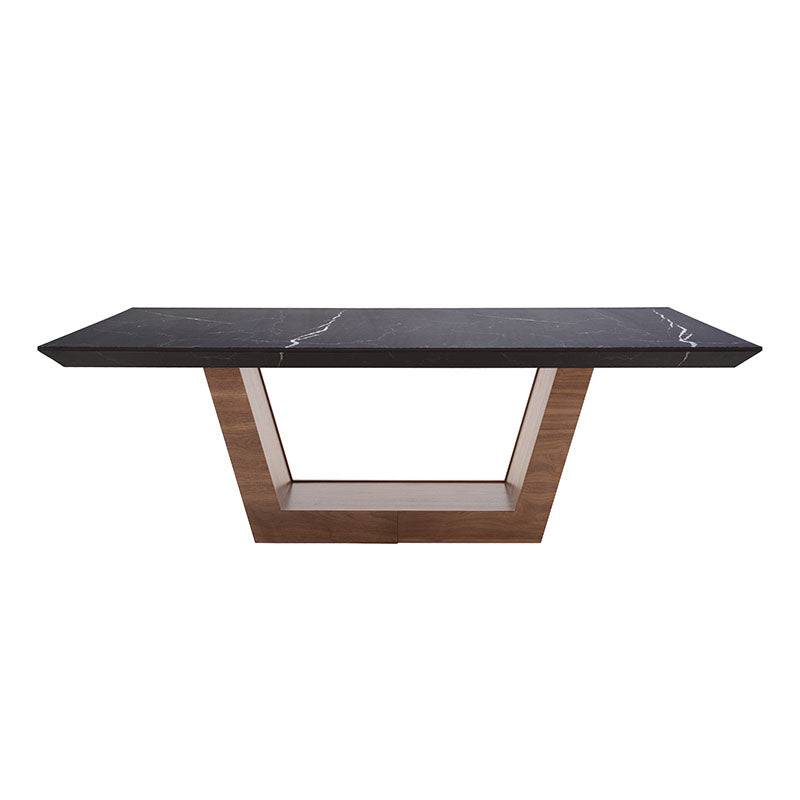Mesa de comedor Jena de Deurope.com.mx en nogal negro con acabado en chapa de nogal y superficie de melamina tipo mármol, 220x76x110 cm.