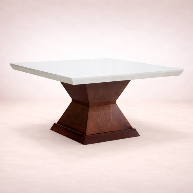 Mesa de comedor Quetzal de 9 piezas en chapa de caoba y mármol, deurope.com.mx, con diseño elegante y superficie revestida.