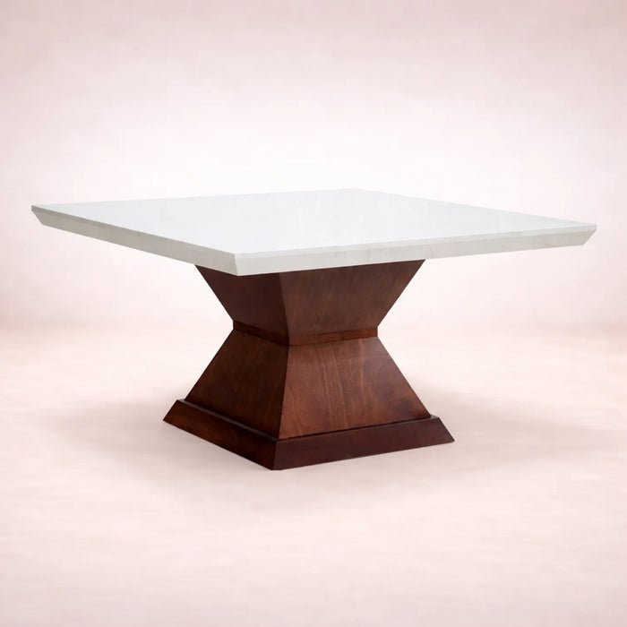 Mesa de comedor Quetzal de 9 piezas en chapa de caoba y mármol, deurope.com.mx, con diseño elegante y superficie revestida.