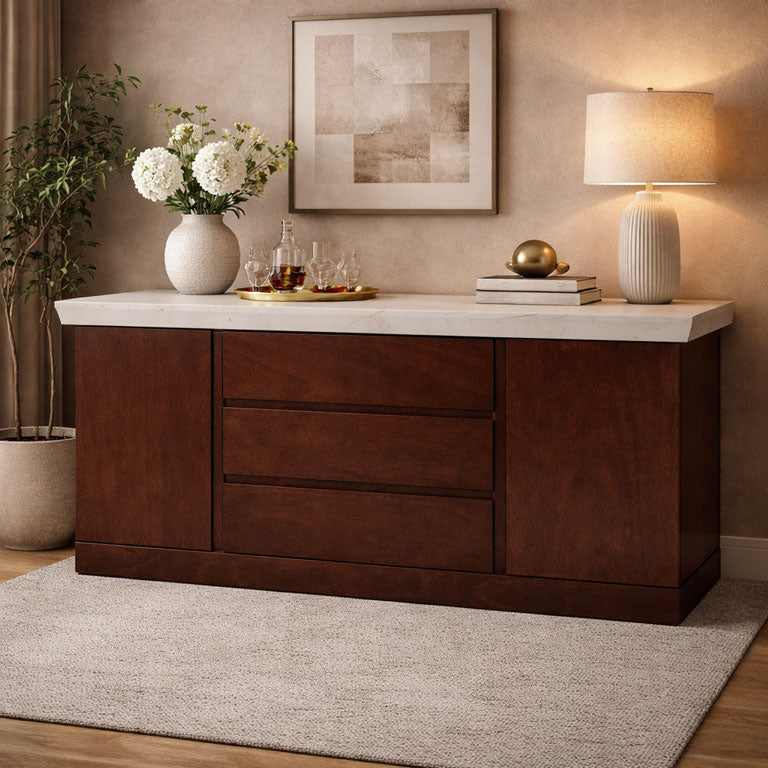 Buffet Mond deurope.com.mx en madera de caoba con cubierta de mármol, tamaño 160x85x40 cm, en color tabaco con acabado elegante.
