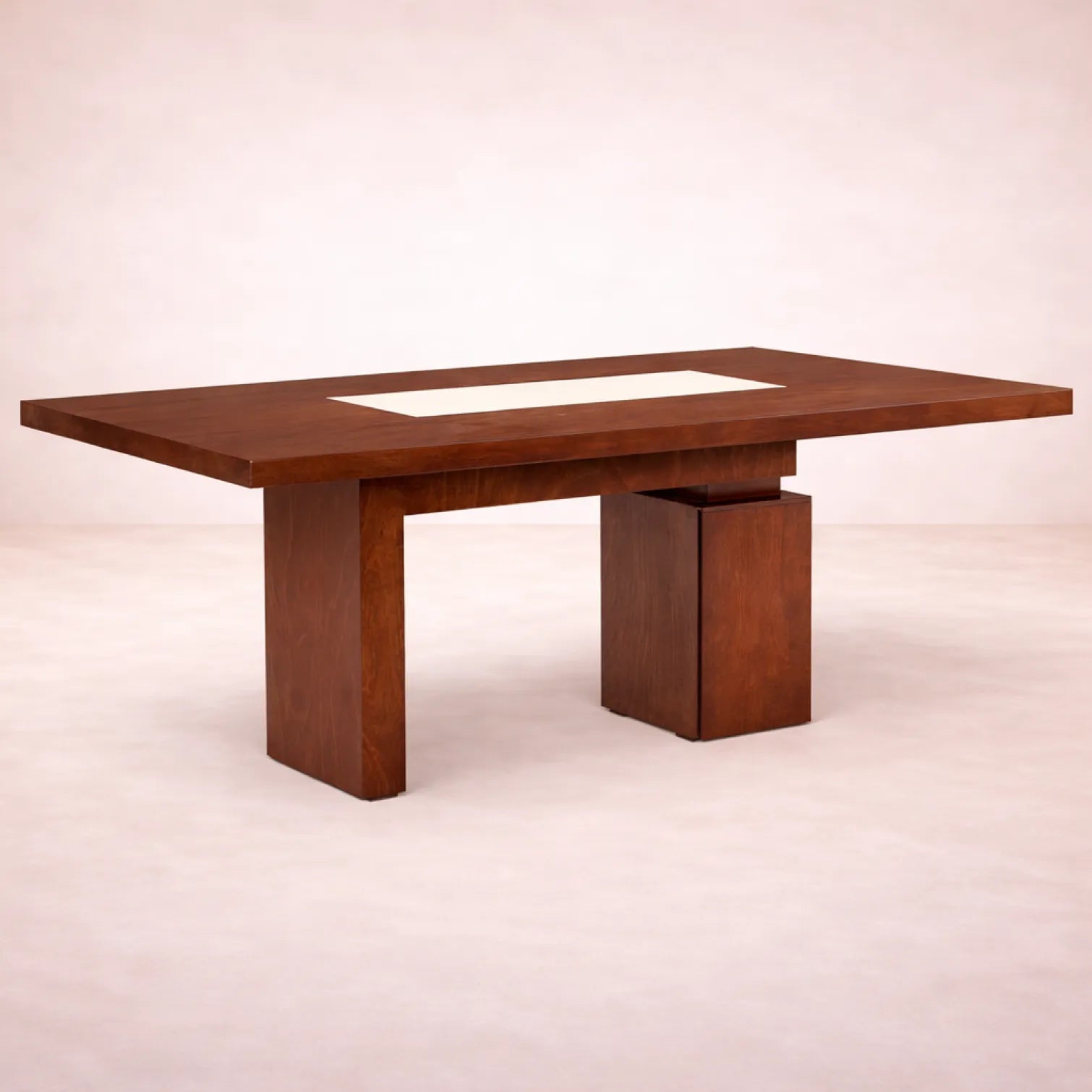 Mesa de comedor Tamayo deurope con chapa de caoba, placa de mármol, frente de 200 cm, altura 80 cm y fondo 110 cm.