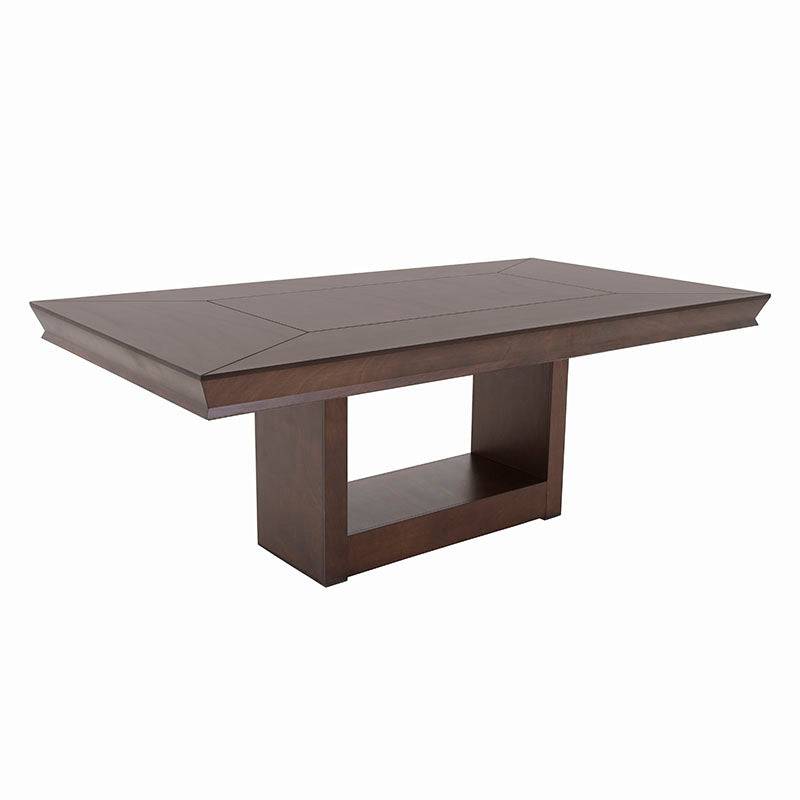 Mesa de comedor Creta II de madera de chapa de okume en color tabaco con 210 cm de largo, 75 cm de alto y 115 cm de fondo.