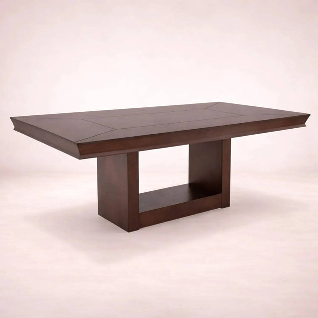 Juego de comedor Siena de 9 piezas con mesa de madera en tono tabaco y chapa de okumé, frente, altura y fondo detallados.