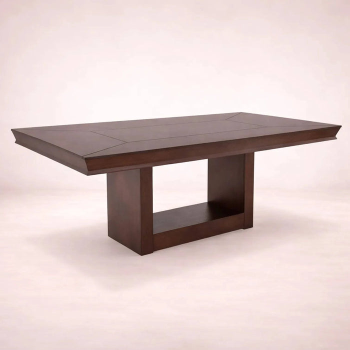 Juego de comedor Siena de 9 piezas con mesa de madera en tono tabaco y chapa de okumé, frente, altura y fondo detallados.