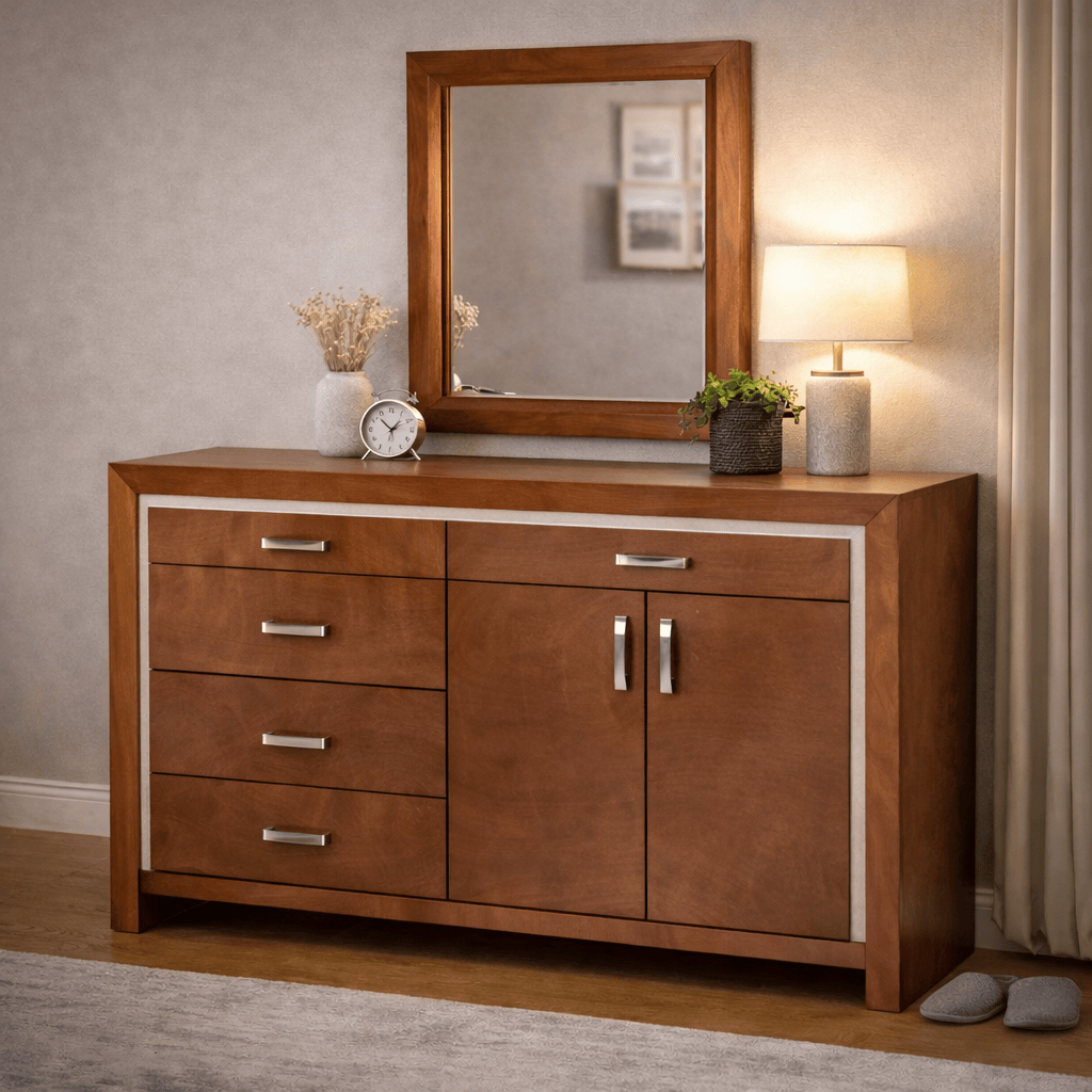 Cómoda Siena de madera de Banak con chapa de encino y okume, franja leather touch, en color café almendra, 160x90x45 cm