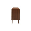 Cómoda Atenea de madera en color almendra con chapa de nogal, estilo industrial, frente y vista lateral, dimensiones 140x78x40 cm