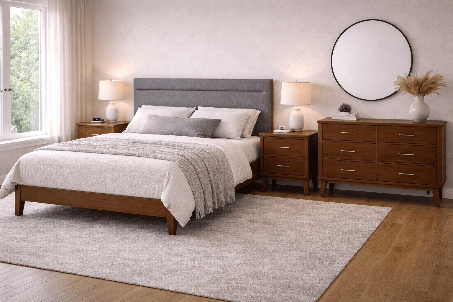 Cómoda Atenea de madera industrializada en tono café almendra con chapa de nogal, frente de 140 cm, alto 78 cm y fondo 40 cm