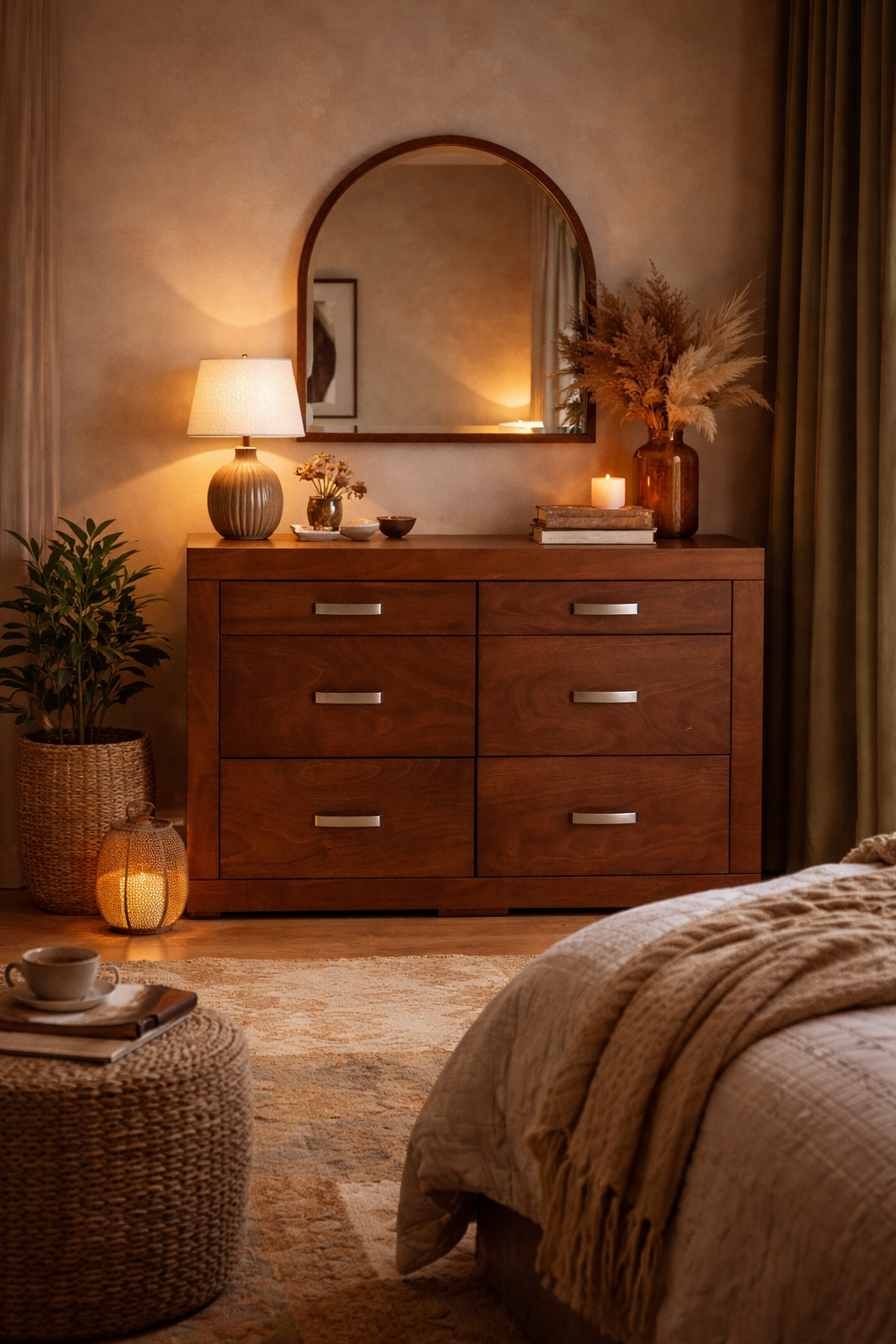 Cómoda México de color nogal con chapa de okumé, frente de 140 cm, altura de 90 cm y fondo de 40 cm, estilo moderno y funcional.