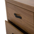 Comoda Allure de madera en color nogal con acabado en melamina, frente de 60 cm y altura de 118 cm, diseño elegante y funcional.