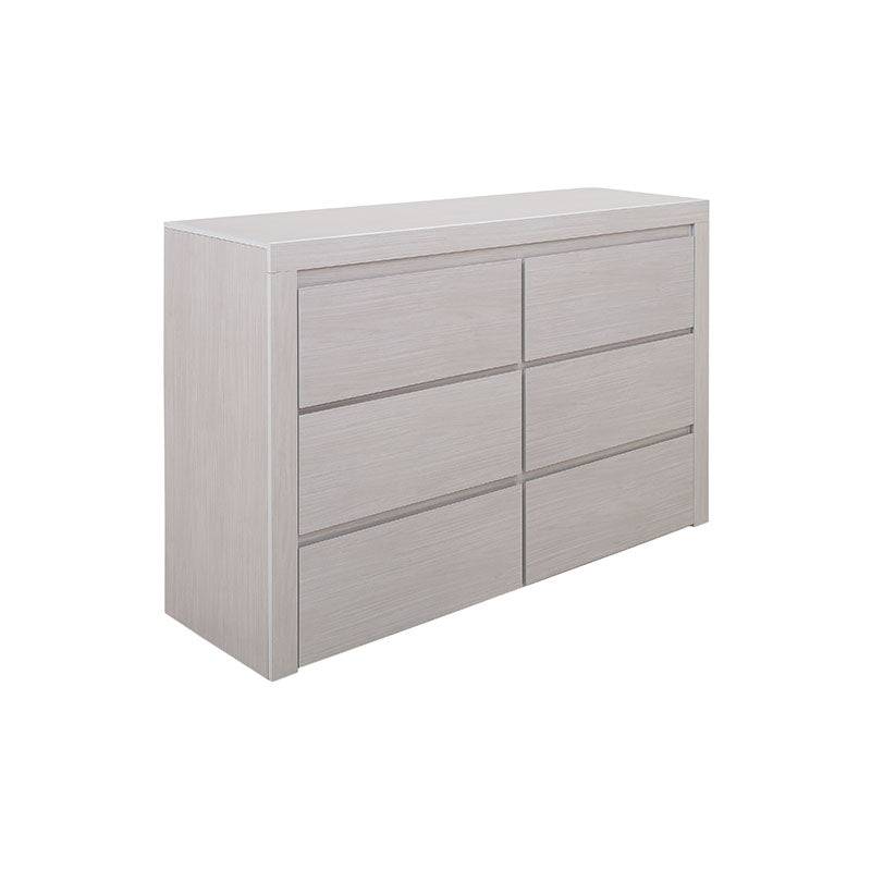 Cómoda Picasso gris claro de madera industrializada, con estructura moderna y dimensiones de 136 cm de ancho y 92 cm de alto.
