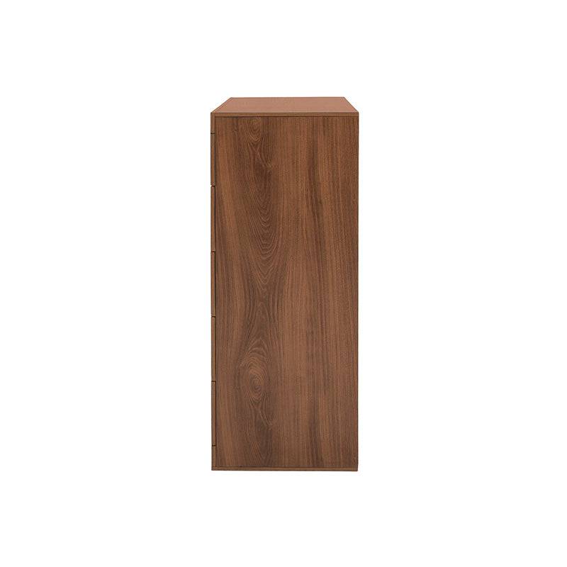 Cómoda Alejandría de madera industrializada y nogal, con 70 cm de ancho, 105 cm de alto y 39 cm de fondo, frente.