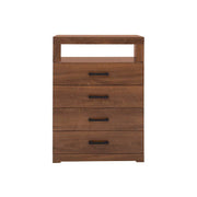 Cómoda Alejandría de madera nogal con acabado industrial, frente de 70 cm de ancho, 105 cm de alto y 39 cm de fondo.