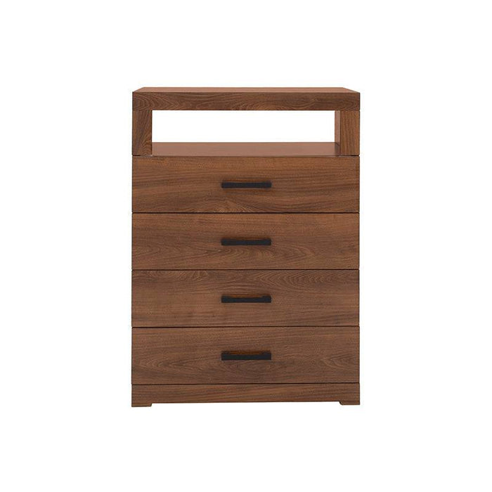 Juego de recámara Alejandria de deurope.com.mx, con cómoda de madera nogal y estilo industrial, frente de 70 cm y altura de 105 cm.