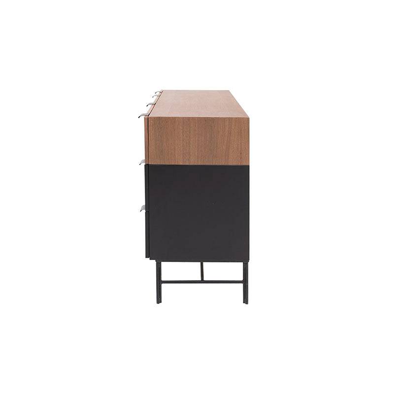 Cómoda Jess de madera de pino y chapa de nogal en acabado negro, con diseño moderno, frente de 140 cm, alto 80 cm y fondo 40 cm.