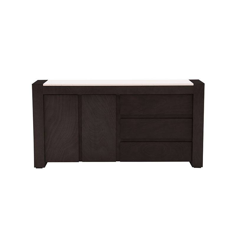 Cómoda Mond de madera con acabado en chapa de caoba, detalles en mármol, dimensiones 160x80x40 cm, diseño elegante.