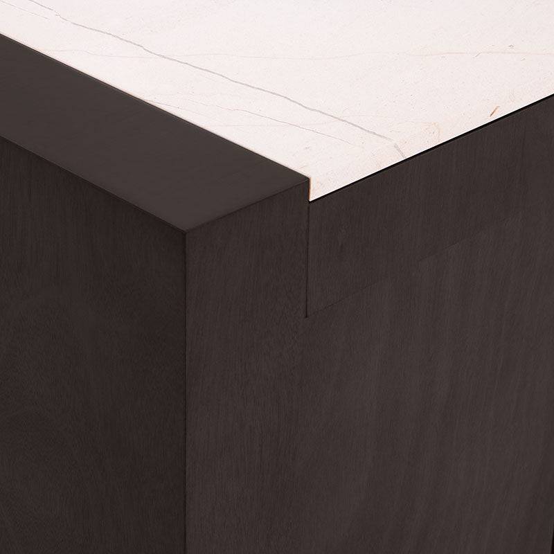 Cómoda Mond de madera con chapa de caoba, placa de mármol y diseño elegante, mide 160 cm de largo, 80 cm de alto y 40 cm de fondo.