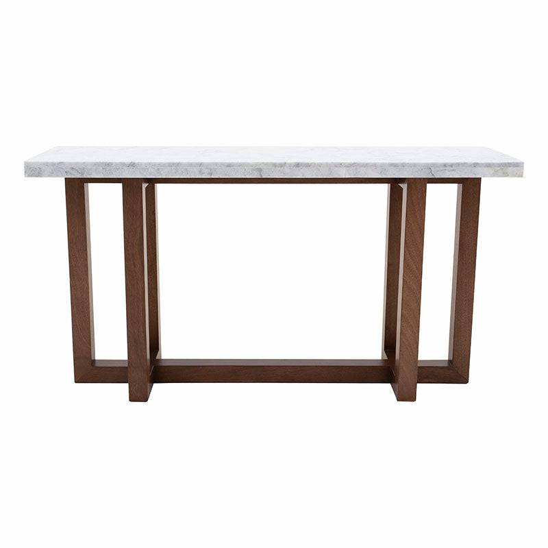 Consola Kaori de Deurope con acabado en nogal y cubierta de mármol veneciano, mide 150 cm de ancho, 79 cm de alto y 40 cm de fondo.