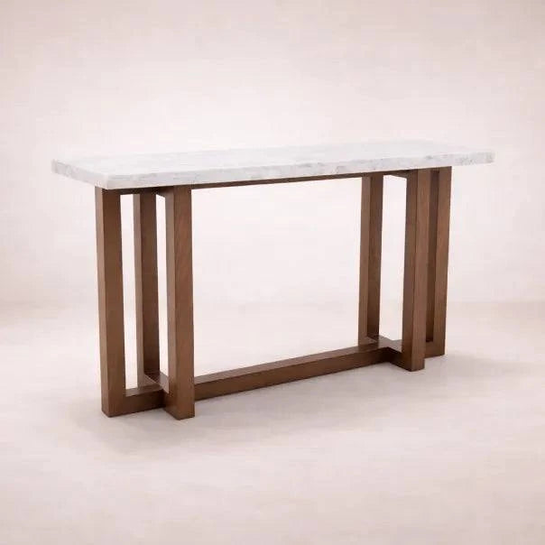 Consola Kaori de Deurope, mueble de madera de nogal con cubierta de mármol veneciano, dimensiones 150x79x40 cm.