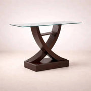 Consola Burj deurope.com.mx de madera nogal con cubierta de cristal, 130 cm de ancho, 83 cm de alto y 42 cm de fondo.