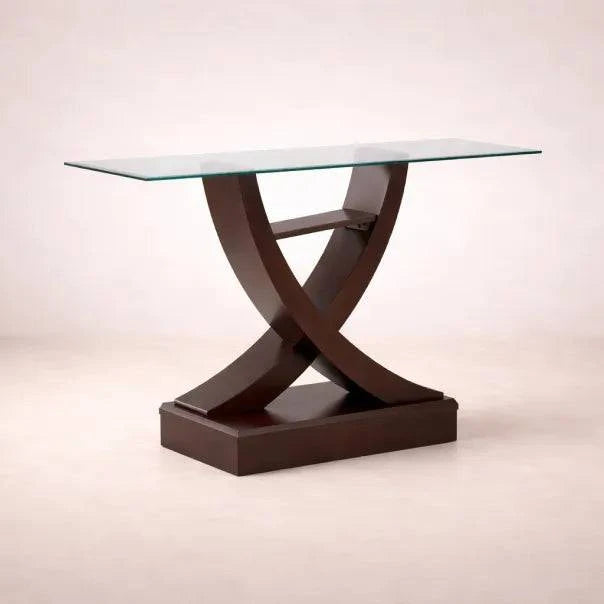 Consola Burj deurope.com.mx de madera nogal con cubierta de cristal, 130 cm de ancho, 83 cm de alto y 42 cm de fondo.