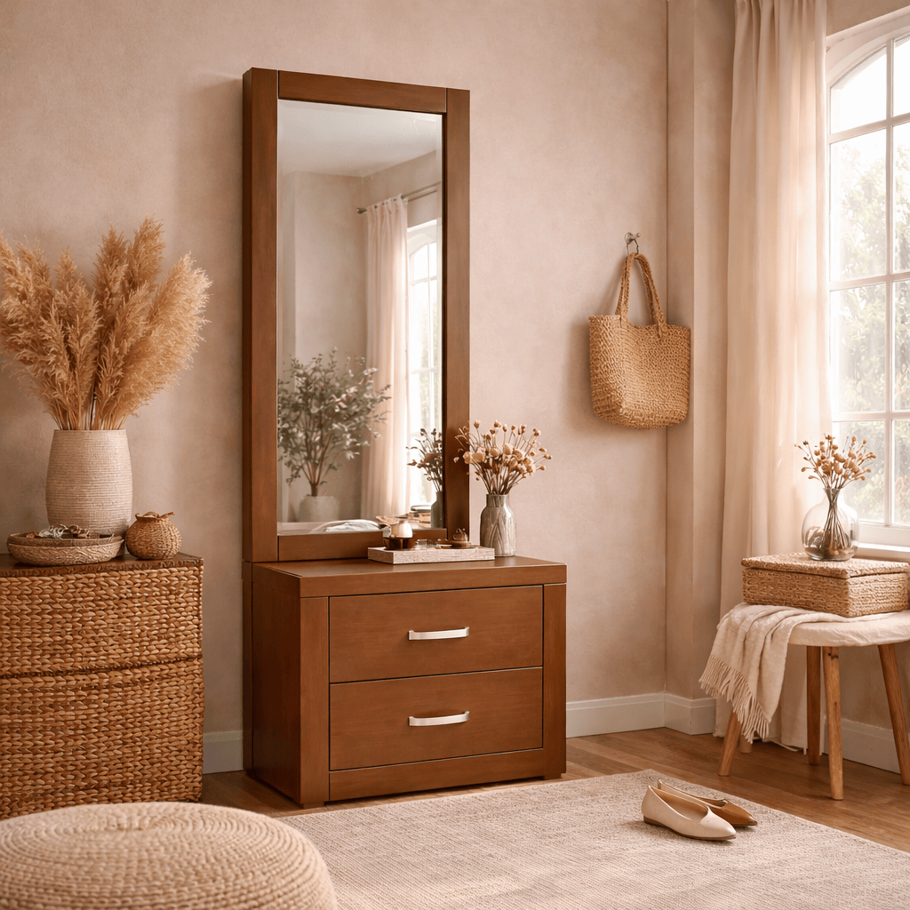 Espejo de pie Atenas de madera con cajones, diseño moderno y funcional, ideal para dormitorios o vestidores.