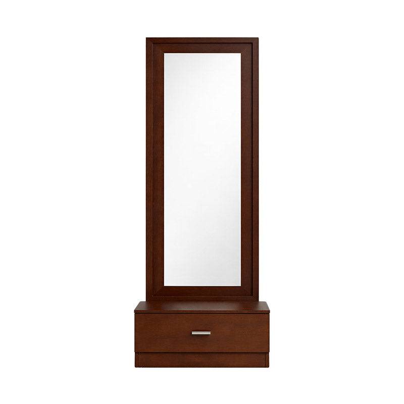Espejo de pie con cajón de madera oscura, estilo Paris, deoupe.com.mx, muestra el reflejo y el cajón en un diseño elegante