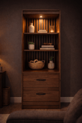 Librero Bourbon de madera de tamaño mediano, con estantes abiertos y diseño elegante, ideal para almacenamiento en sala o oficina.