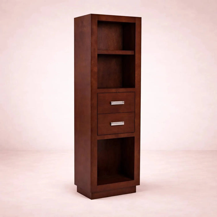 Librero Quebec de madera de banak con chapa de encino y okume, frente de 60 cm, alto 180 cm, fondo 35 cm, marca deurope.com.mx.