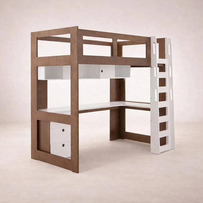 Cama alta con escritorio Elis de Deurope en madera industrializada blanca y nogal, con estructura de 200 cm de altura.
