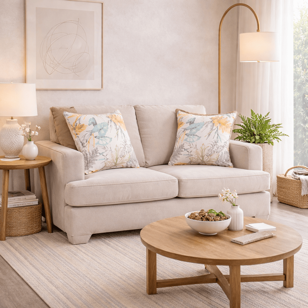 Sofá loveseat Tamayo de color beige claro, tela tejida, con dimensiones de 160x94x96 cm, en un ambiente moderno.