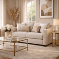 Sofá loveseat Michelle de color beige con tela de textura afelpada, ideal para sala moderna y cómoda.
