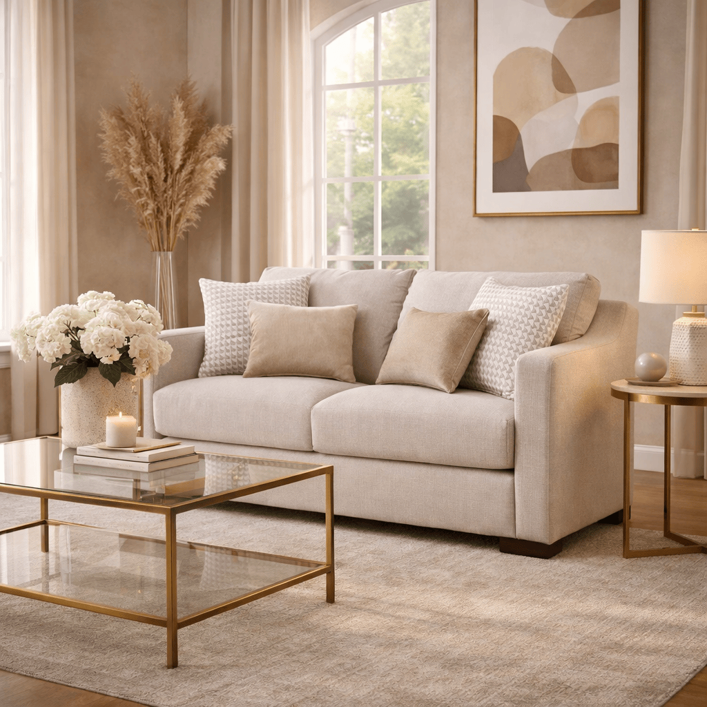 Sofá loveseat Michelle de color beige con tela de textura afelpada, ideal para sala moderna y cómoda.