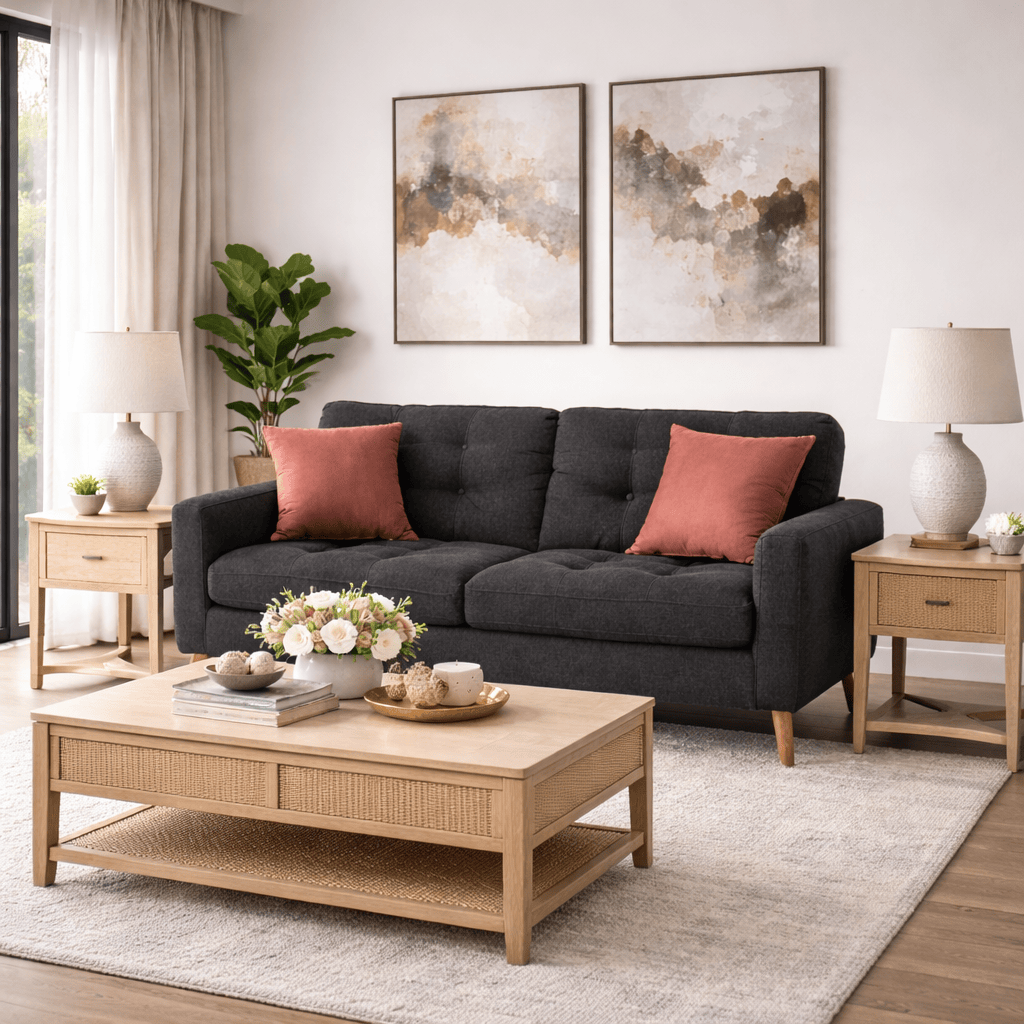 Sofá loveseat Eugenia de deurope.com.mx con cojines acolchados y estructura elegante, ideal para sala moderna.