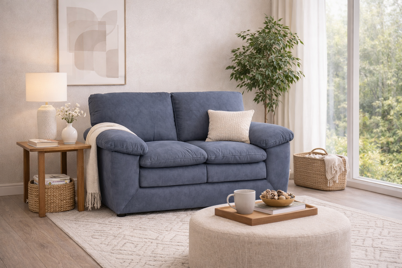 Sofá loveseat Calvin de microfibra gris con estructura moderna y cojines acolchados, frente de 162 cm, alto 91 cm y fondo 90 cm.