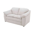 Sofá loveseat Chloe de color marfil con tapizado de tela, frente y vista lateral, mide 150 cm de ancho y 90 cm de alto.