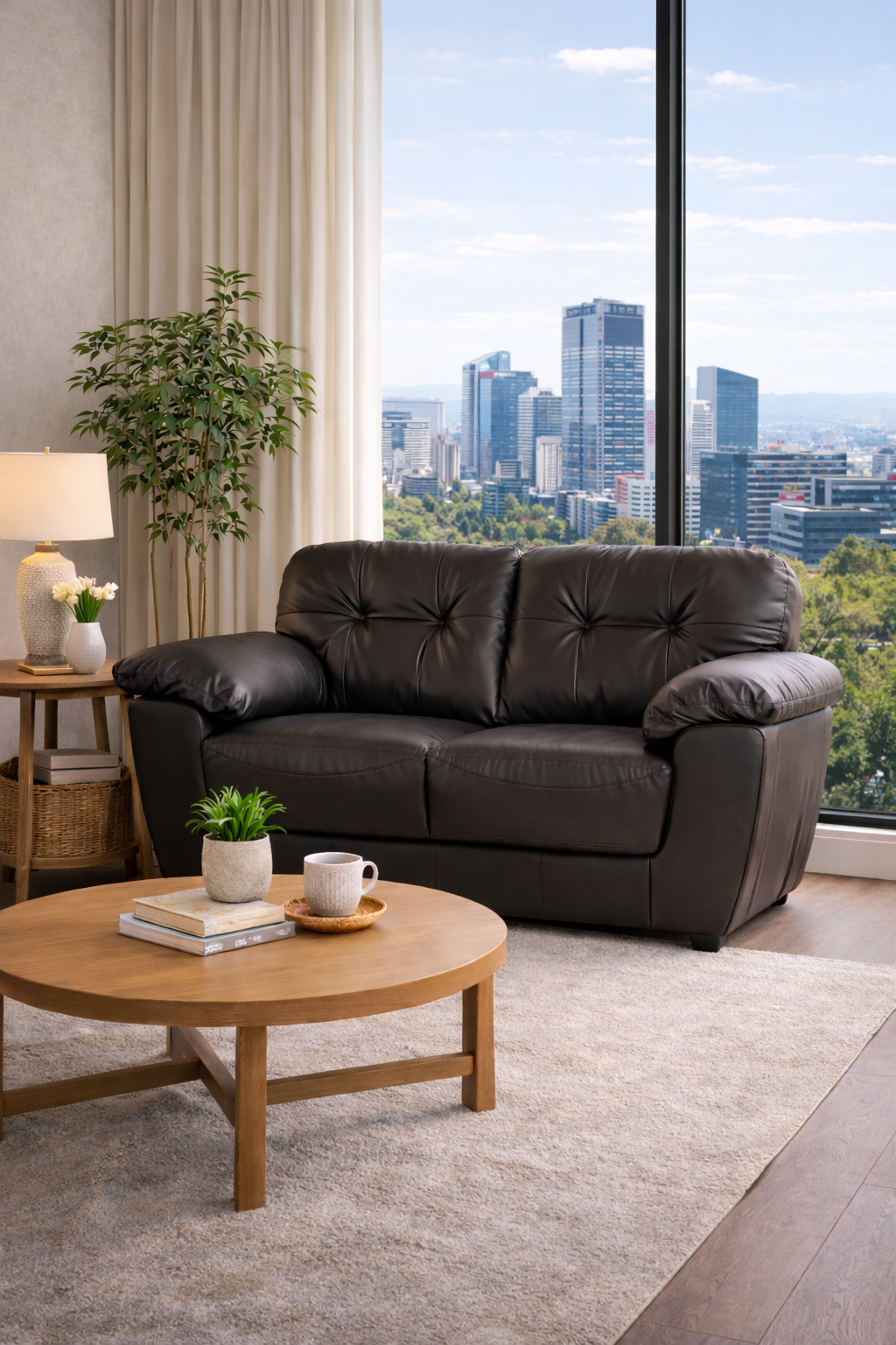 Sofá loveseat Carter en piel moka, deurope.com.mx, vista frontal mostrando diseño moderno y tamaño compacto.