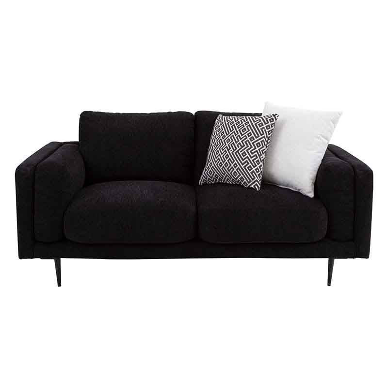 Sofá loveseat Alessandra deurope.com.mx en tapiz negro afelpado, con dimensiones de 176x80x93 cm, frente y diseño elegante.