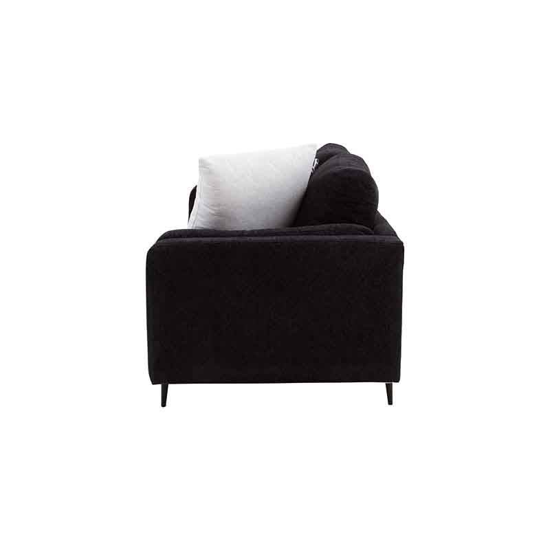 Sofá loveseat Alessandra en tapizado negro de tejido plano afelpado, con dimensiones de 176 cm de ancho, 80 cm de alto y 93 cm de fondo.