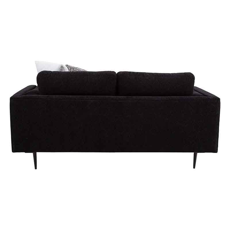 Sofá Loveseat Alessandra en tapiz negro, con estructura acolchada, tamaño 176 cm de ancho, 80 cm de alto y 93 cm de fondo.