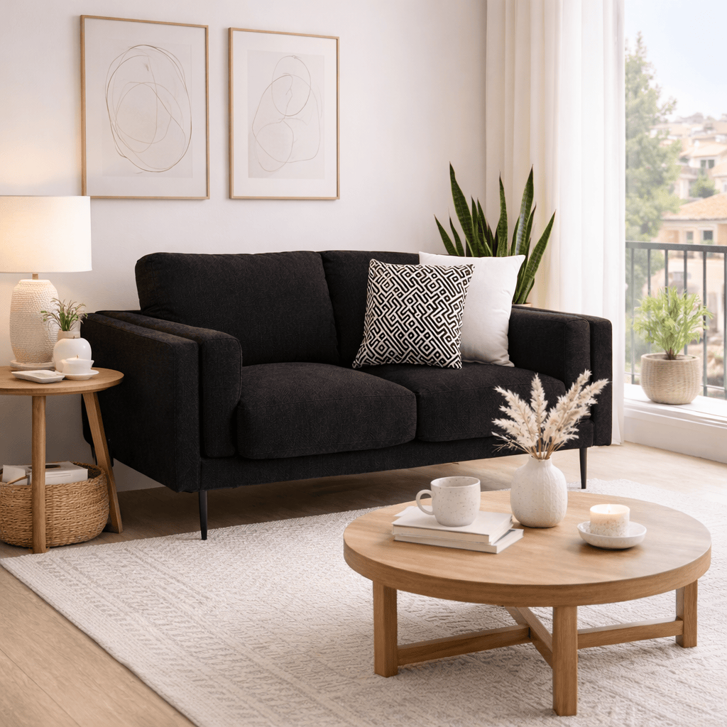 Sofá loveseat Alessandra en tapiz negro, con cojines acolchados y estructura moderna, mide 176 cm de ancho y 80 cm de alto.