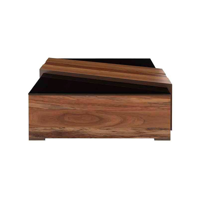 Mesa de centro Abudabi de Deurope en chapa de tzalam, color café claro y negro, con dimensiones de 85x28x85 cm.