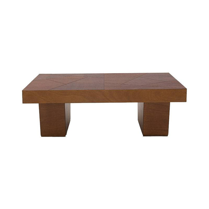 Mesa de centro Quetzal de madera de nogal, chapa de okumé, superficie en color café, con dimensiones de 120x80x42 cm.