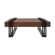 Mesa de centro Bennet de madera y metal en acabado nogal oscuro, estructura resistente, tamaño 110x45x70 cm, moderna y elegante.